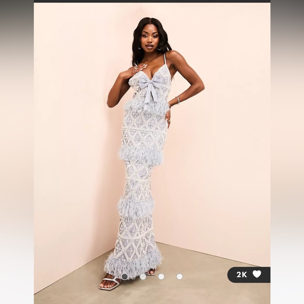 ASOS LUXE gem encrusted maxi dress with bow detail and faux feather - size 6